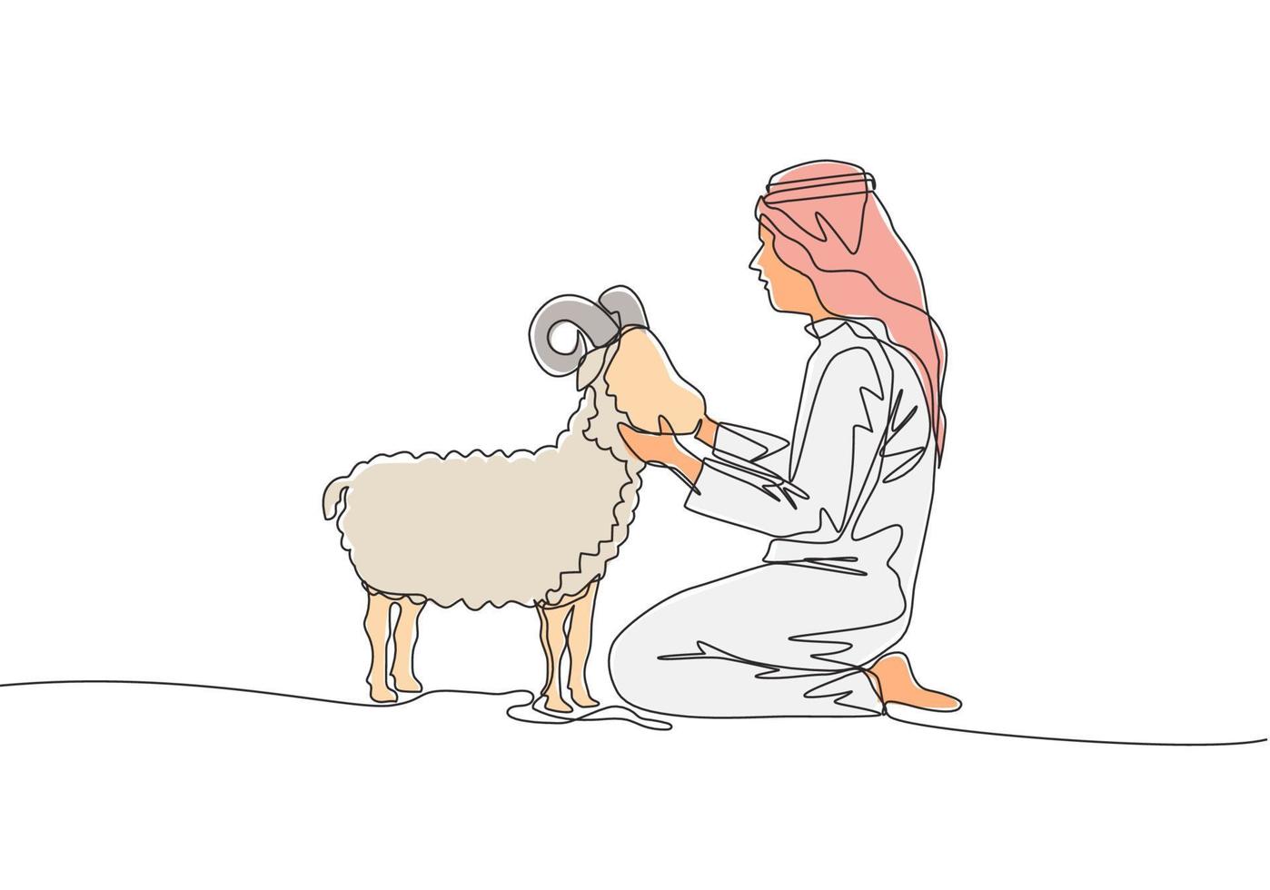 One single line drawing of young muslim holding a sheep. Islamic holiday the sacrifice a goat or sheep, Eid al Adha greeting card concept continuous line draw design illustration vector