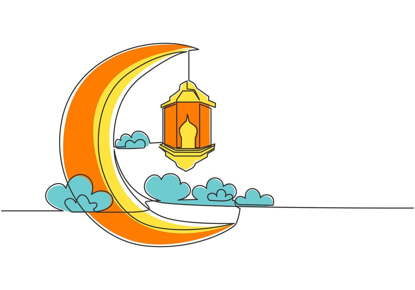 Ramadan Kareem greeting card, poster and banner design background. One continuous line drawing of Islamic ornament lantern lamp hanging on moon at cloudy sky. Single line draw vector illustration