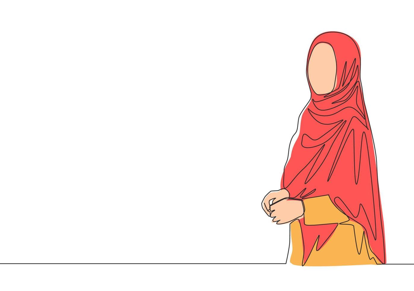 Single continuous line drawing of young happy muslimah girl with headscarf standing and pose nicely. Cute malay women model in trendy hijab fashion concept one line draw design vector illustration