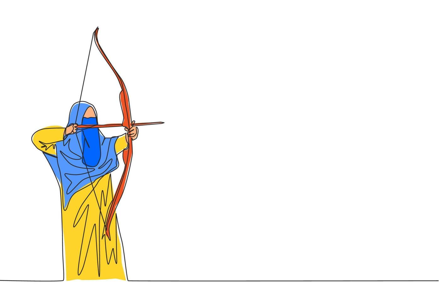 One single line drawing of young beauty saudi arabian muslimah wearing burqa and aiming archery arrow. Traditional Arabian woman niqab cloth concept continuous line draw design vector illustration