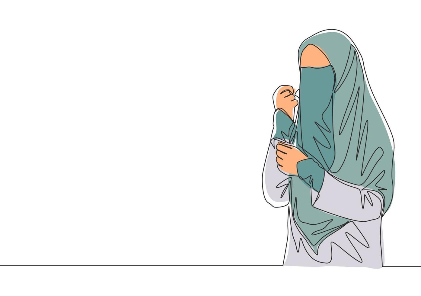 soltero continuo línea dibujo de joven belleza asiático muslimah vistiendo burka mientras participación su mano. tradicional hermosa musulmán mujer niqab con hijab concepto uno línea dibujar diseño vector ilustración