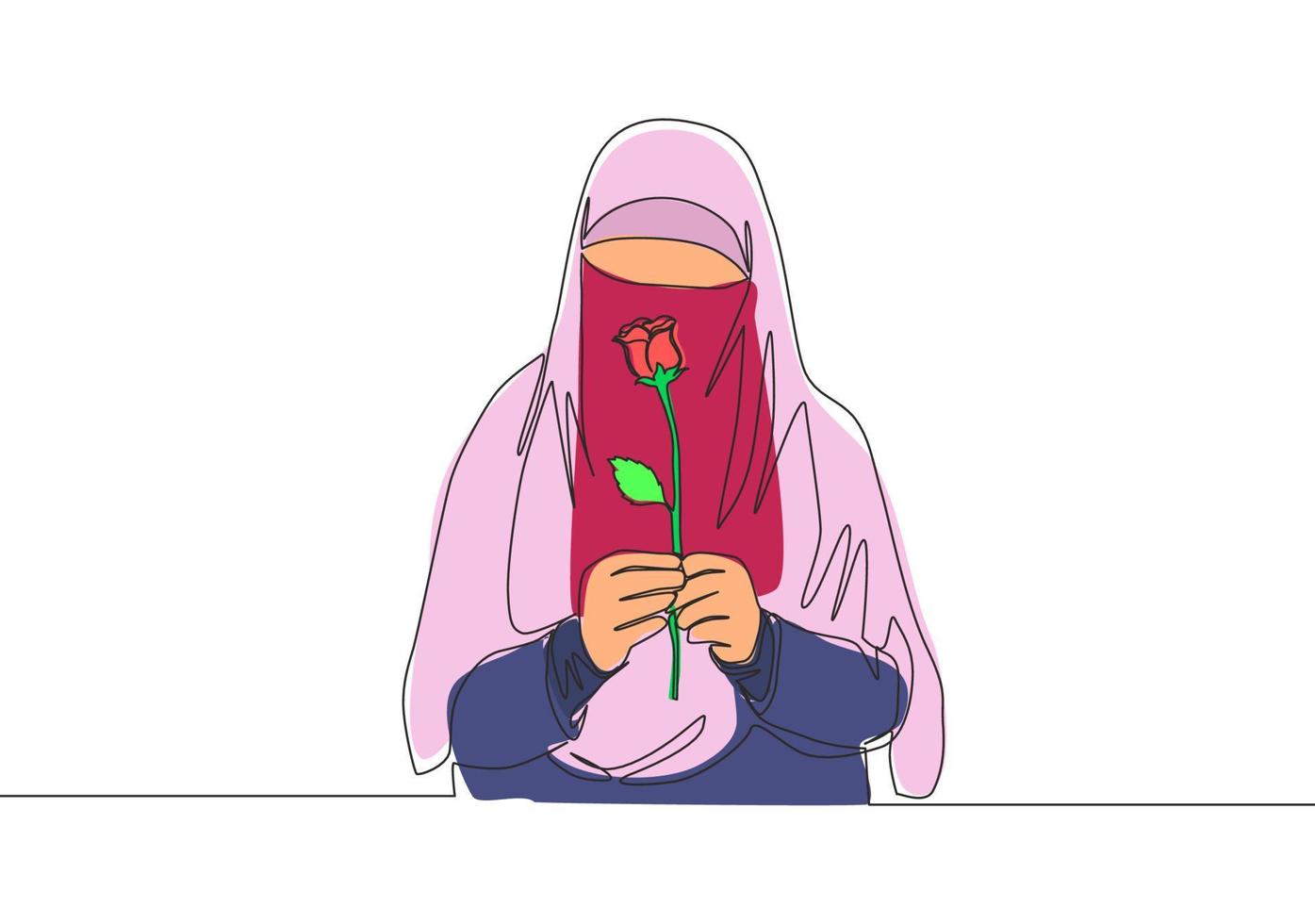 One single line drawing of young attractive Asian muslimah wearing burqa and holding rose flower. Traditional beauty Arabian woman niqab cloth concept continuous line draw design vector illustration