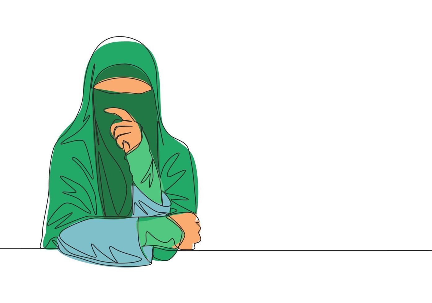 One continuous line drawing of young pretty Asian muslimah wearing burqa while touching her lips. Traditional beautiful Islamic woman niqab dress concept single line draw design vector illustration