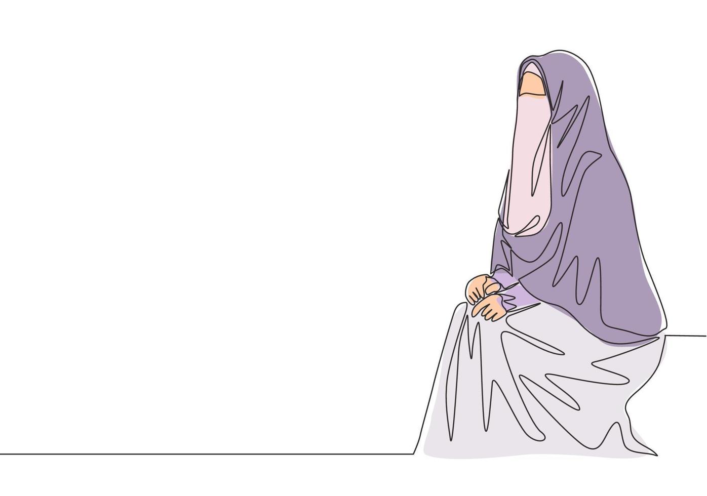 uno soltero línea dibujo de joven atractivo medio este muslimah vistiendo burka sentado en silla. tradicional hermosa árabe mujer niqab paño concepto continuo línea dibujar diseño vector ilustración