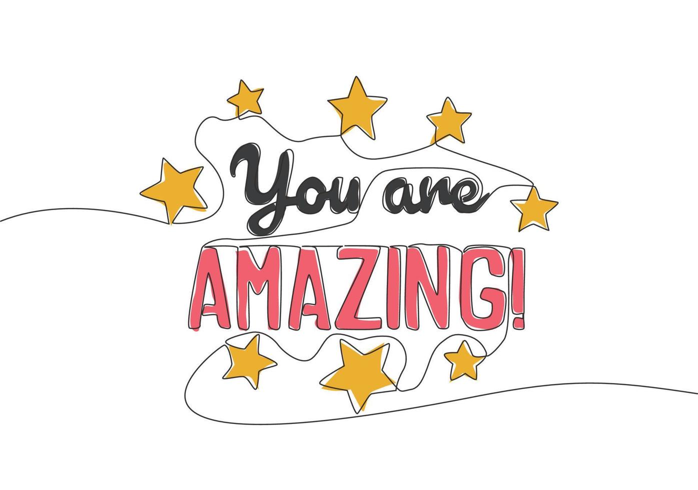 One continuous line drawing of motivational and inspirational lettering typography quote - You are Amazing. Calligraphic design for print, card, banner, poster. Single line draw design illustration vector