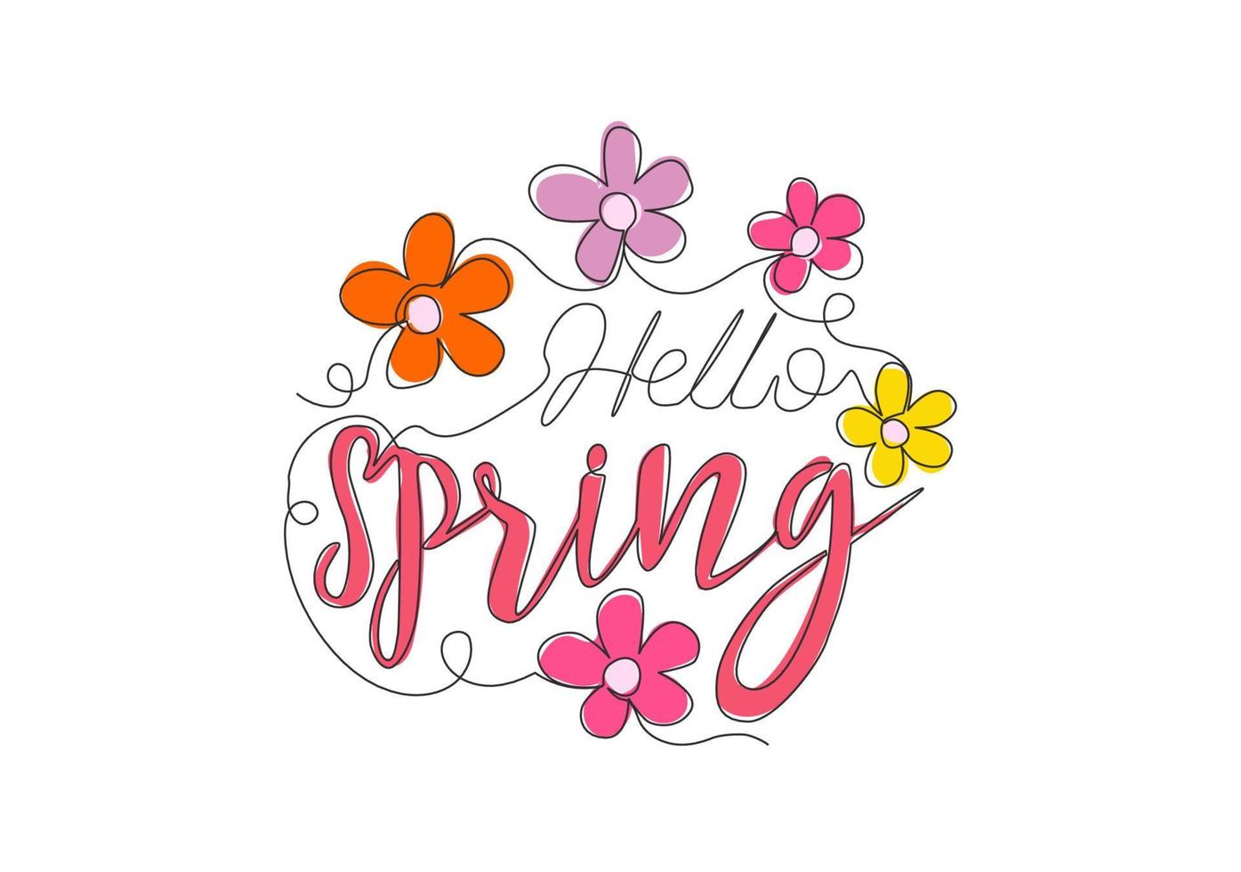 One single line drawing of cute and beauty typography quote - Hello Spring. Calligraphic design for print, label, greeting card, banner, poster. Continuous line draw design vector graphic illustration