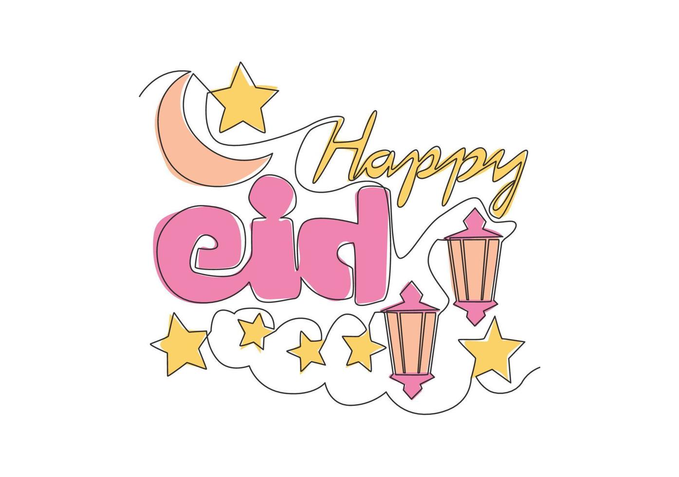 Single continuous line drawing of Happy Eid Al Fitr Mubarak and Ramadan Kareem concept. Islamic holiday calligraphic design for print, greeting card, banner, poster. One line draw design illustration vector