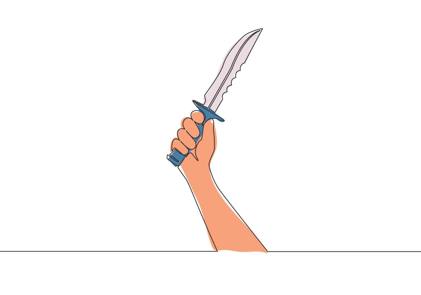Single continuous line drawing of man holding military knife blade. One line draw vector design illustration