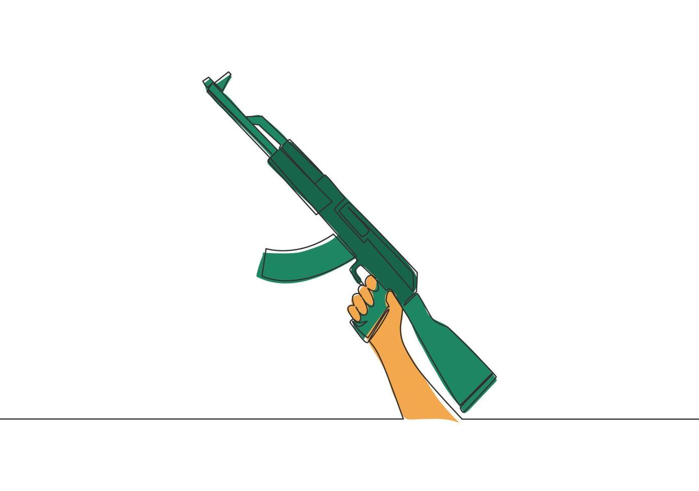 soltero continuo línea dibujo de hombre participación militar asalto rifle pistola. defensa arma concepto. uno línea dibujar vector diseño ilustración