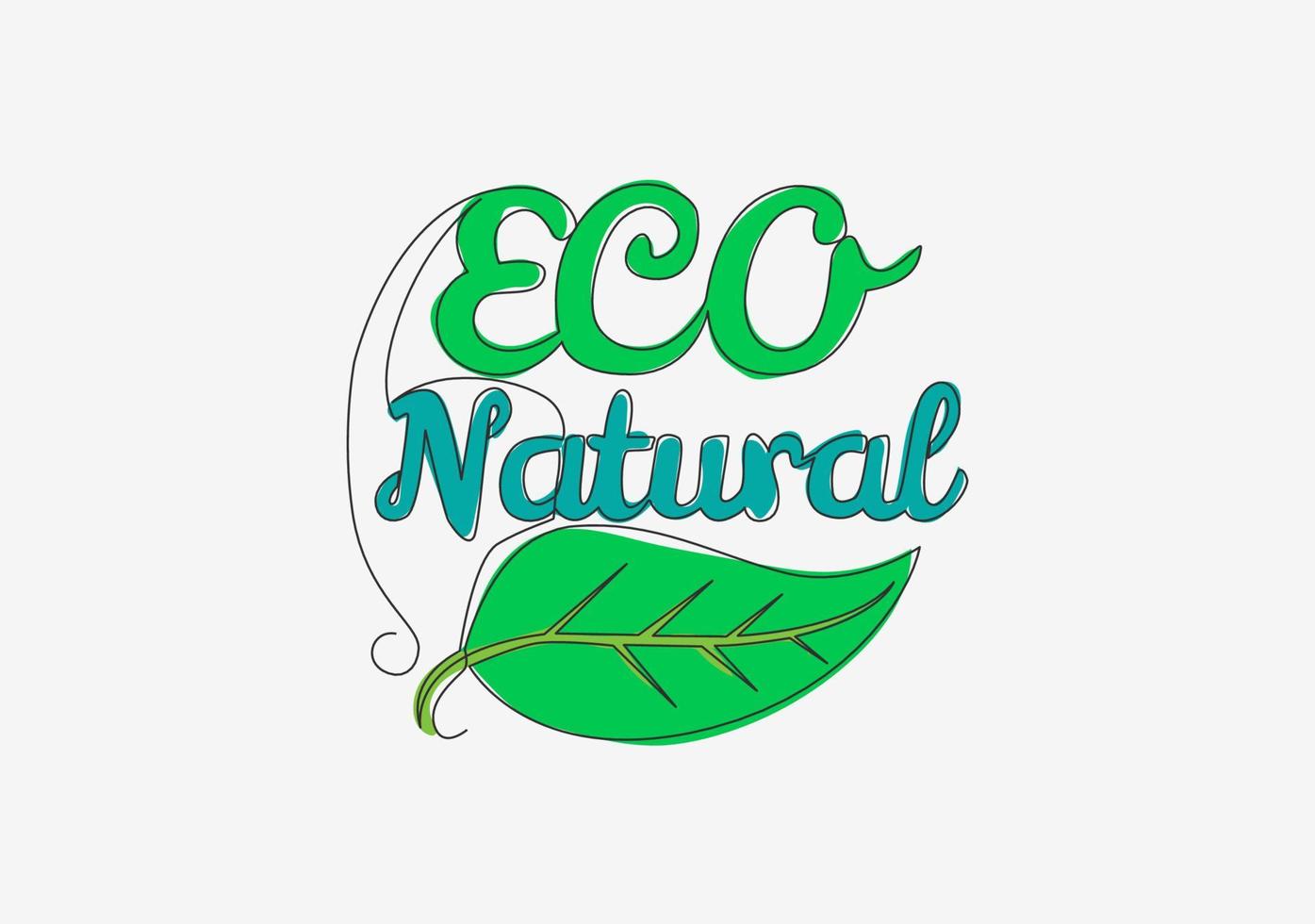 uno continuo línea dibujo de eco verde y orgánico comida tipografía citar - eco natural. caligráfico diseño para imprimir, tarjeta, bandera, póster. soltero línea dibujar gráfico diseño vector ilustración