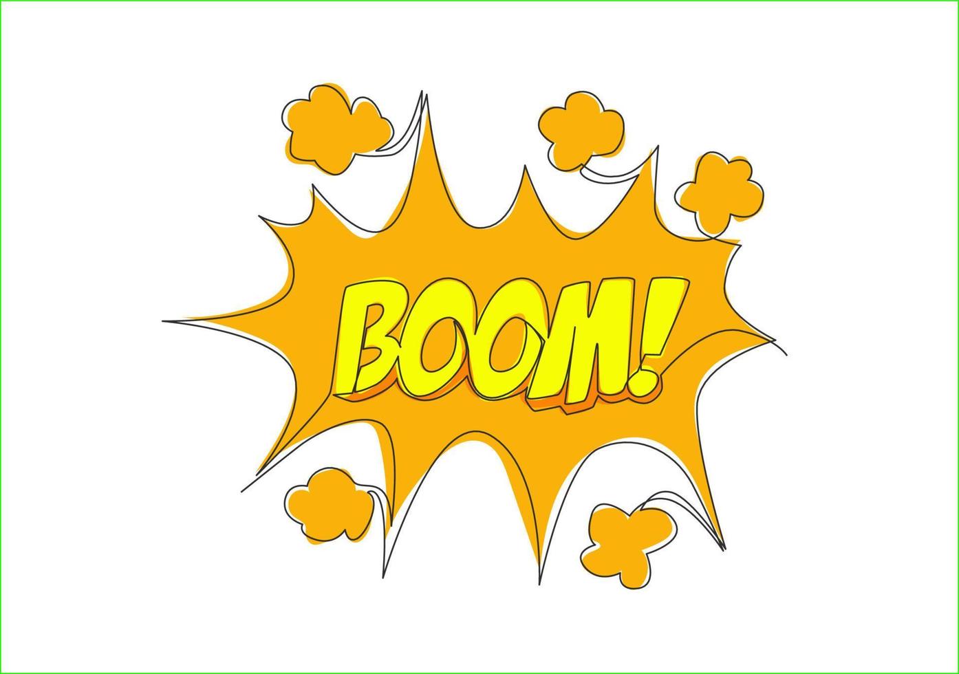 One single line drawing of comical cute cool typography quote - Boom with speech bubble. Calligraphic design for print, card, banner, poster. Continuous line draw design illustration vector graphic