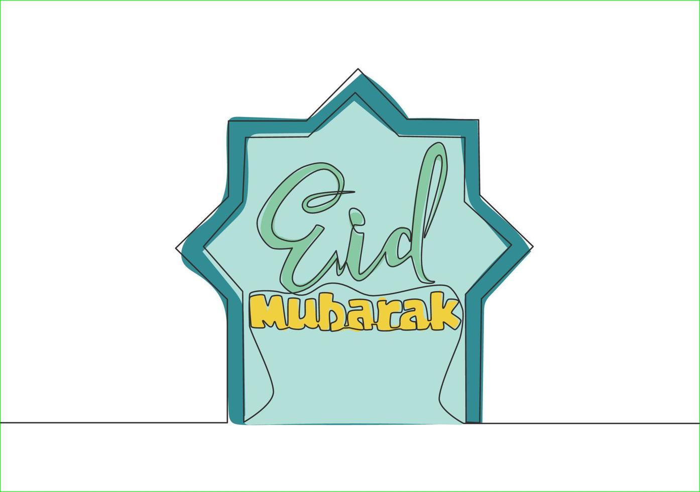 Single continuous line drawing of Happy Eid Al Fitr Mubarak and Ramadan Kareem concept. Islamic holiday calligraphic design for print, greeting card, banner, poster. One line draw design illustration vector