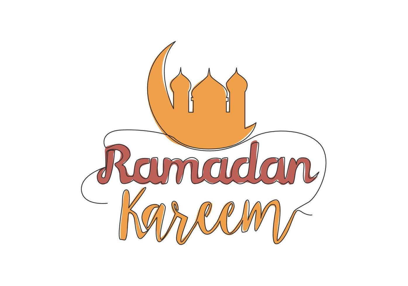 One single line drawing of Happy Eid Al Fitr Mubarak and Ramadan Kareem concept. Islamic holiday calligraphic design for print, greeting card, banner, poster. Continuous line draw design illustration vector