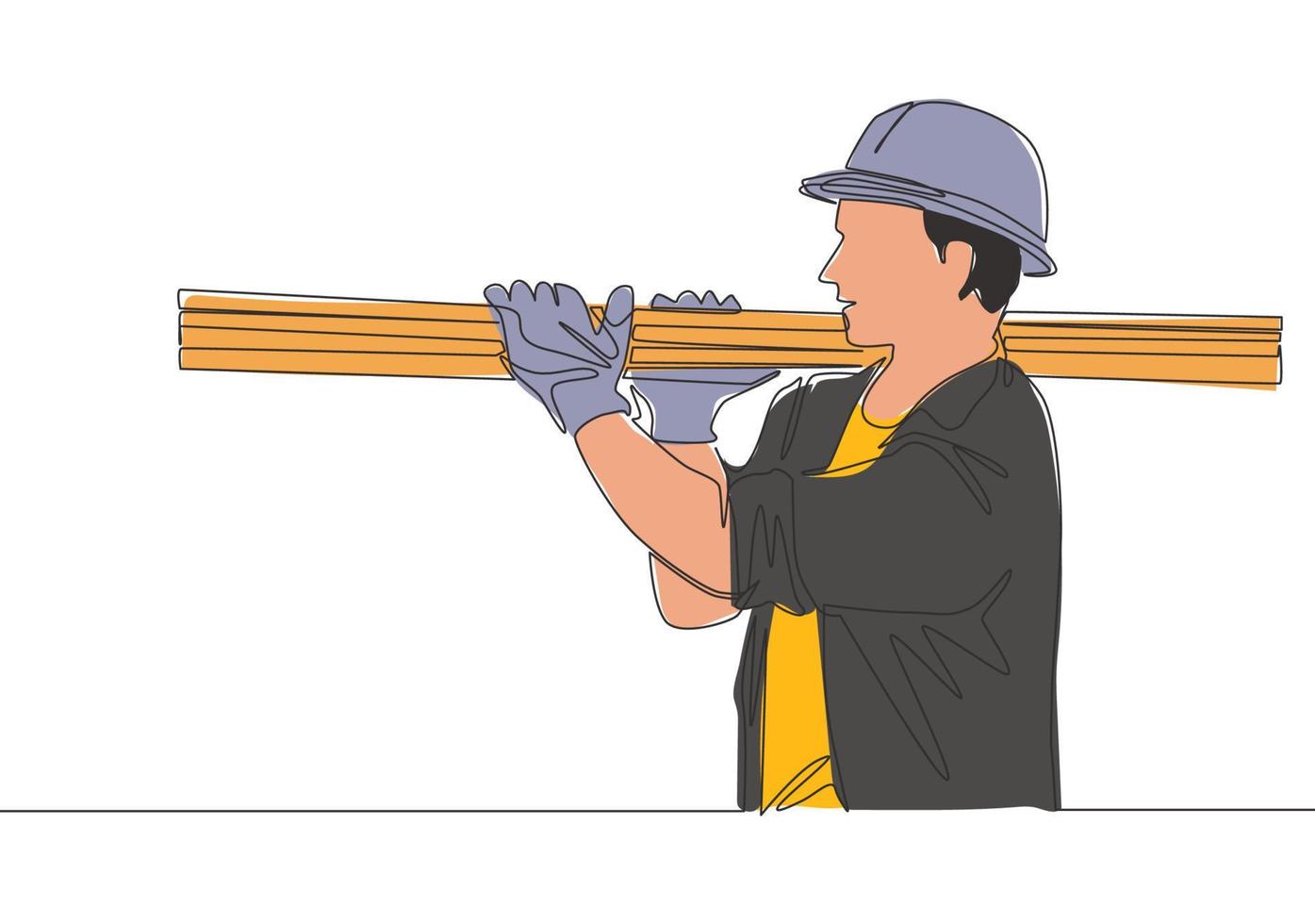 Single continuous line drawing of young lumberjack wearing helmet and glove while carrying pile of woods. Carpenter building maintenance service concept. One line draw design illustration vector