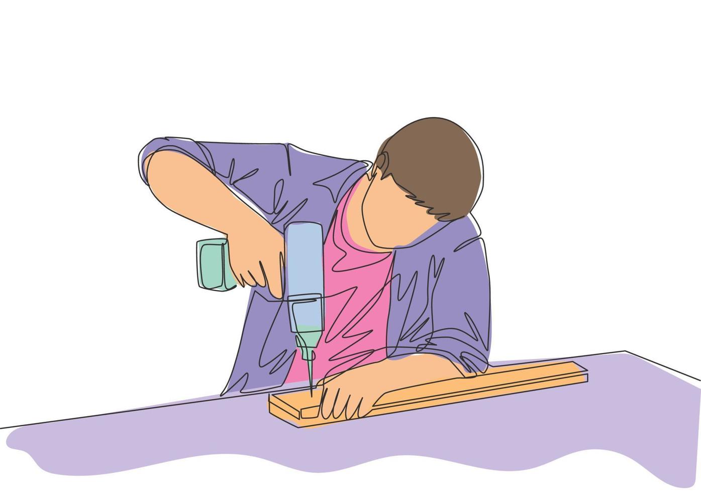 soltero continuo línea dibujo de joven carpintero perforación de madera tablero. reparador construcción mantenimiento Servicio concepto. uno línea dibujar diseño ilustración vector