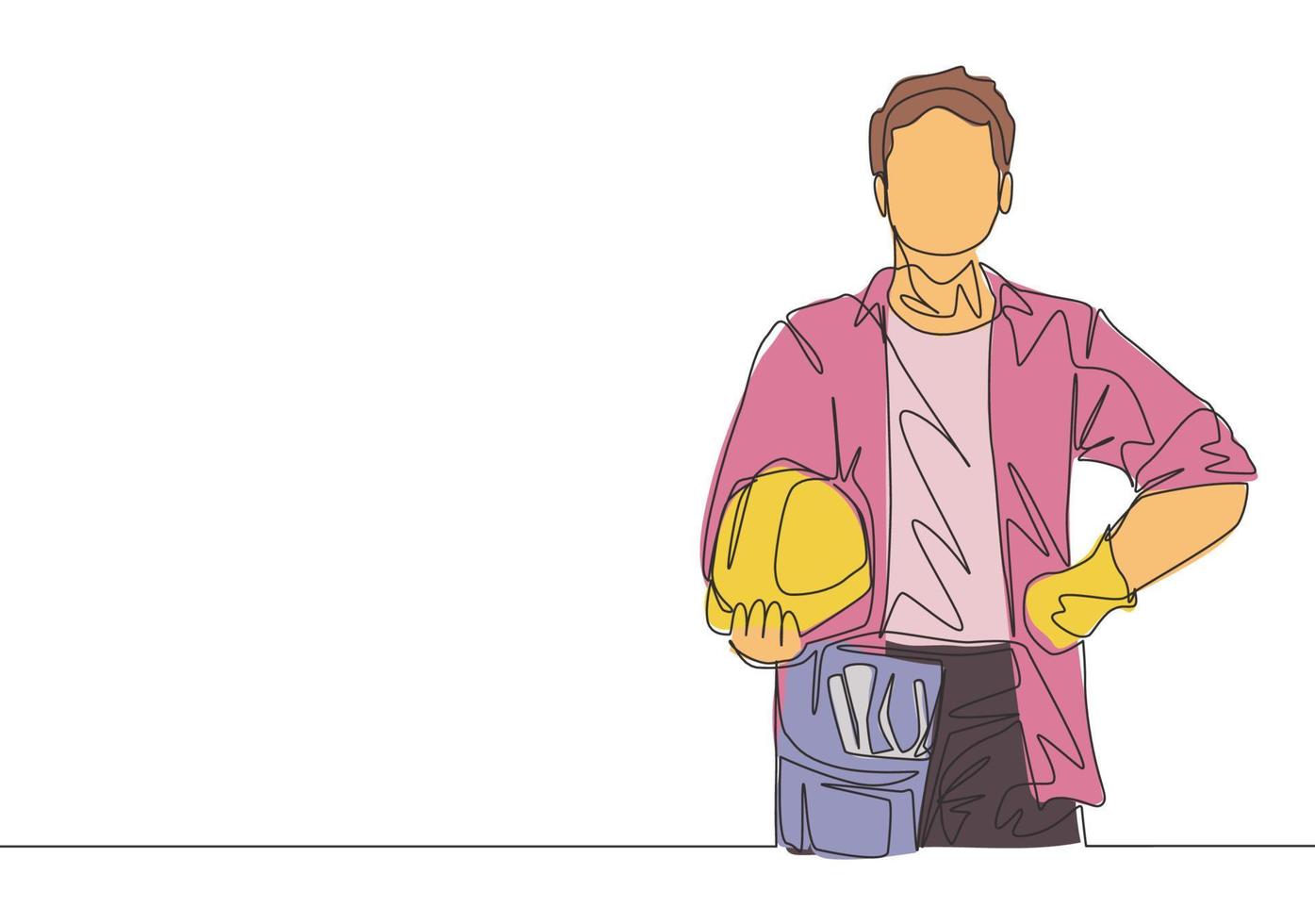 One single line drawing of young craftsman wearing building construction uniform while holding helmet. Handyman house renovation service concept. Continuous line draw design illustration vector