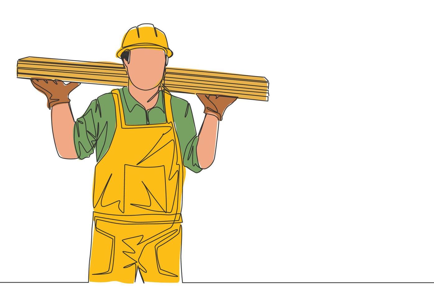 One continuous line drawing of young lumberjack wearing uniform, helmet and glove while carrying woods stack. Carpenter building maintenance service concept. Single line draw design illustration vector