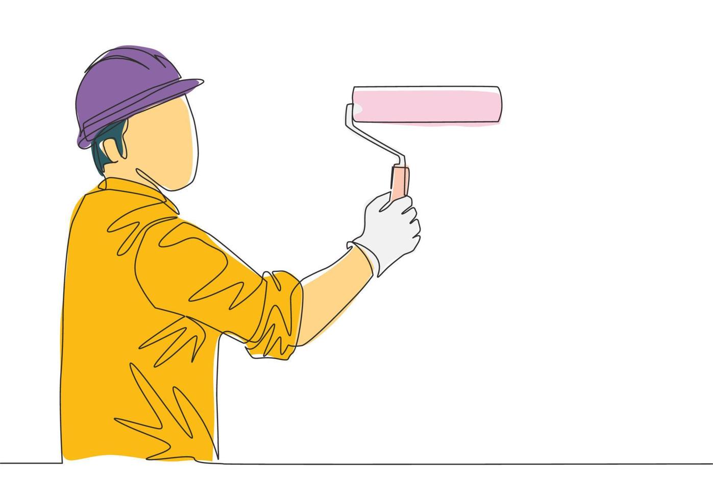 One single line drawing of young workman painting construction building wall with paint roller. Painter wall renovation service concept. Continuous line draw design illustration vector