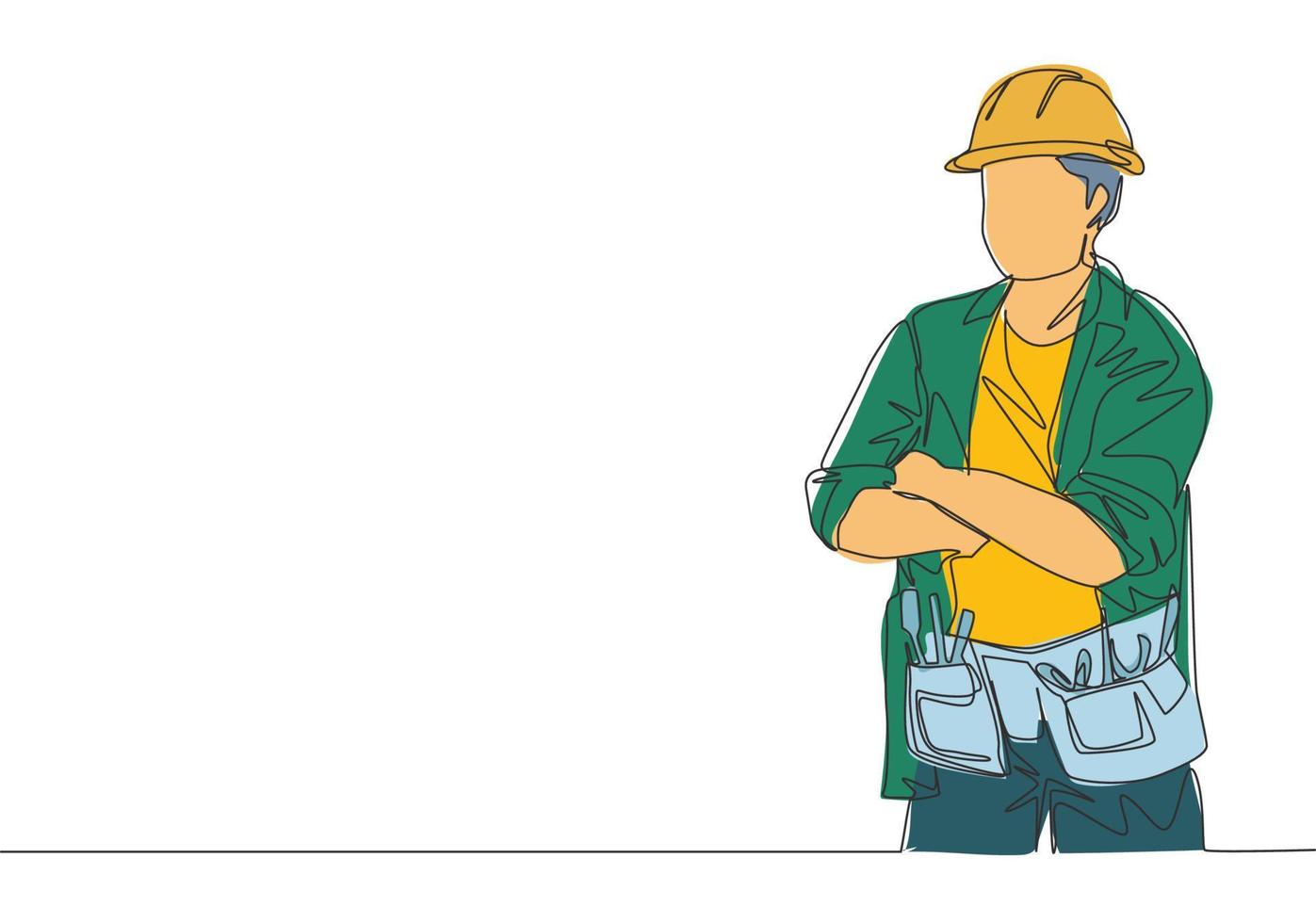 One continuous line drawing of young construction builder wearing uniform, tools belt and helmet while crossing his hands. Craftsman home repair service concept. Single line draw design illustration vector