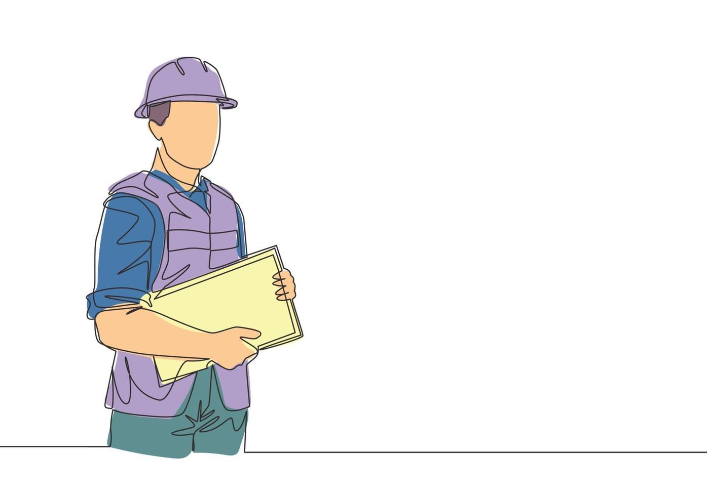 Single continuous line drawing of young attractive foreman controlling building development progress while holding clipboard. Building construction service concept one line draw design illustration vector