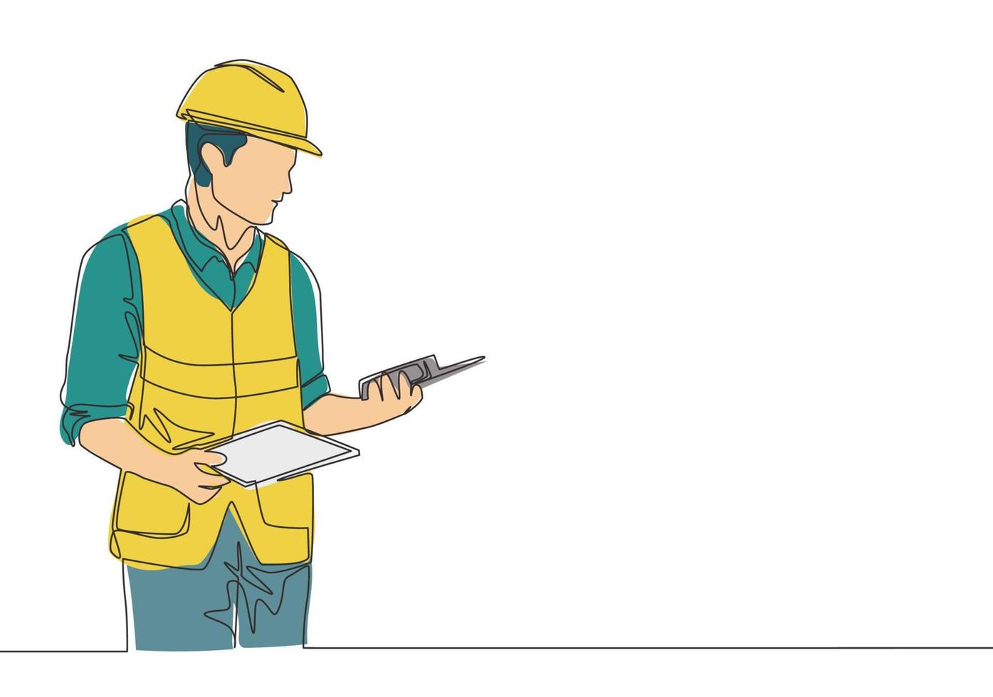 One continuous line drawing of young handsome foreman holding tablet and walkie talkie. Home renovation service concept single line draw design illustration vector