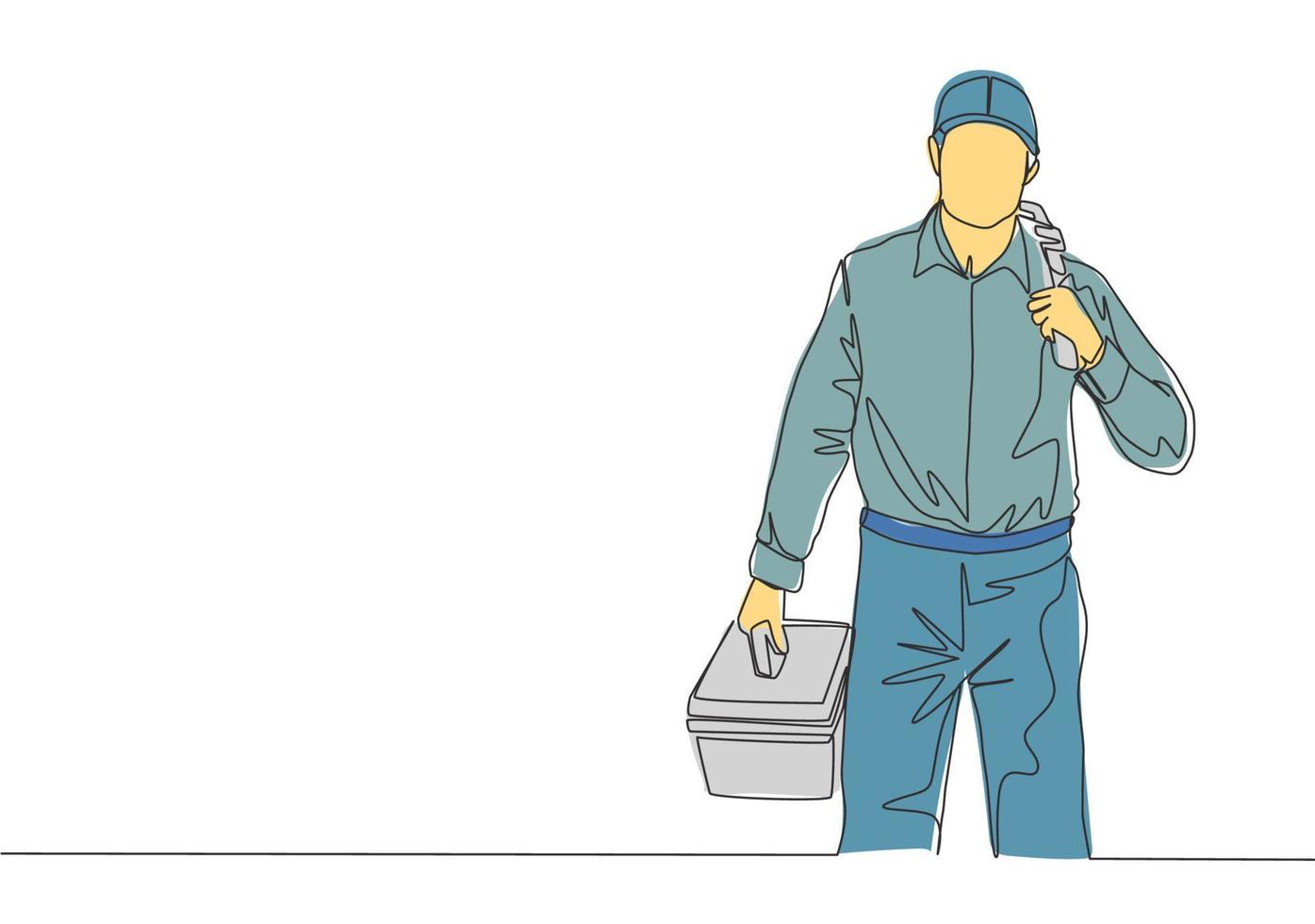 One continuous line drawing of young attractive plumber carrying tools box and ready to do home kitchen pipe service. House maintenance service concept single line draw design illustration vector