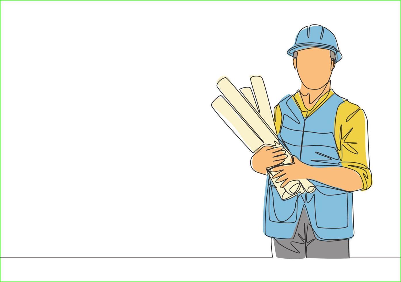 One single line drawing of young handsome architect holding sketch blueprint roll papers. Building construction service concept continuous line draw design illustration vector