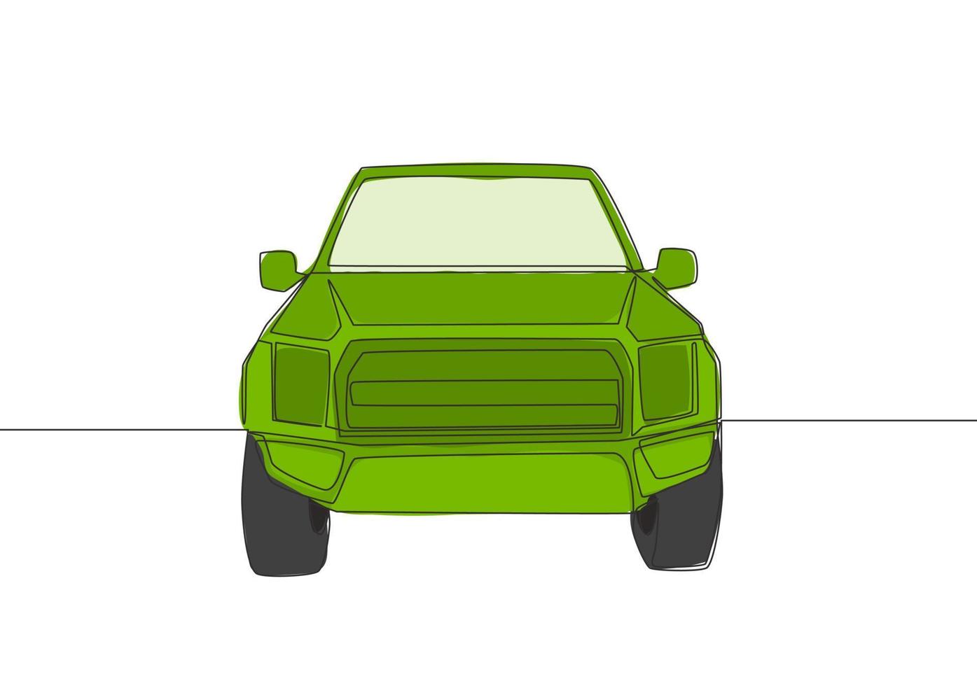 soltero línea dibujo de suv coche desde frente vista. familia cómodo vehículo transporte concepto. uno continuo línea dibujar diseño vector