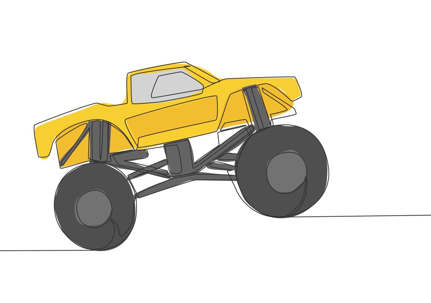 Single line drawing of 4x4 wheel steering monster truck car for competition and tournament. Adventure offroad vehicle transportation concept. One continuous line draw design vector