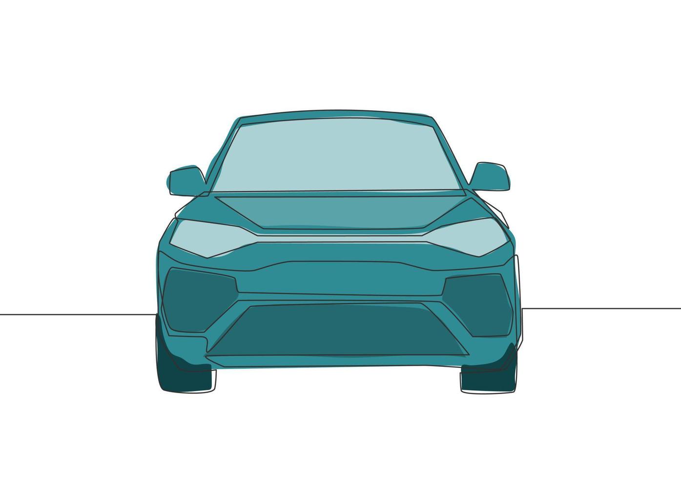 Continuous line drawing of luxury suv car from front view. Urban city vehicle transportation concept. One single continuous line draw design vector