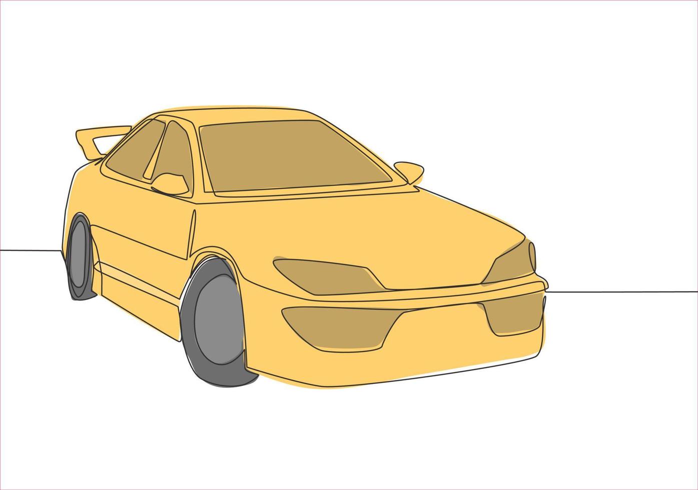 One line drawing of sporty sedan car. Stylish and trendy vehicle transportation concept. Single continuous line draw design vector