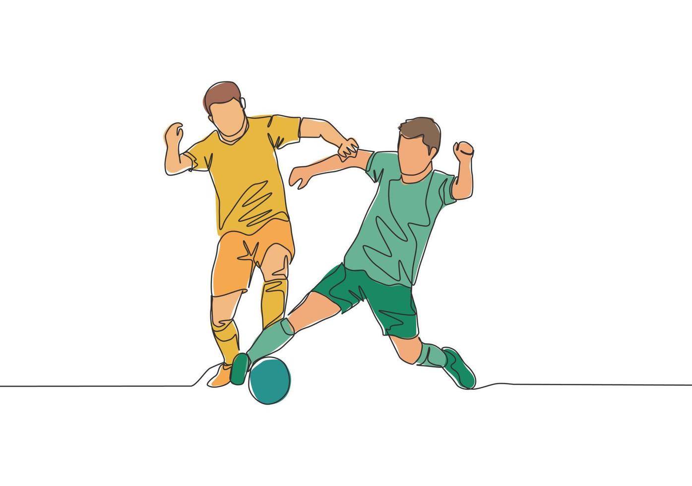 Single continuous line drawing of two football players fighting for the ball at the game. Soccer match sports concept. One line draw design vector illustration