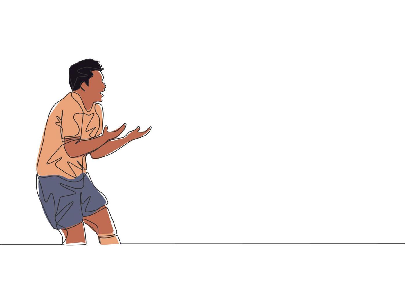 One single line drawing of young furious football player protesting and arguing referee decision for giving him a card. Soccer match sports concept. Continuous line draw design vector illustration