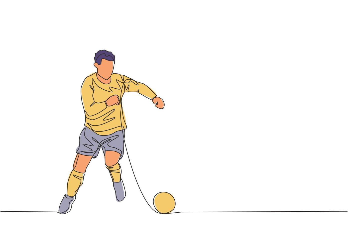 uno soltero línea dibujo de joven fútbol americano jugador con largo manga camisa regate el pelota a formación sesión. fútbol partido Deportes concepto. continuo línea dibujar diseño vector ilustración