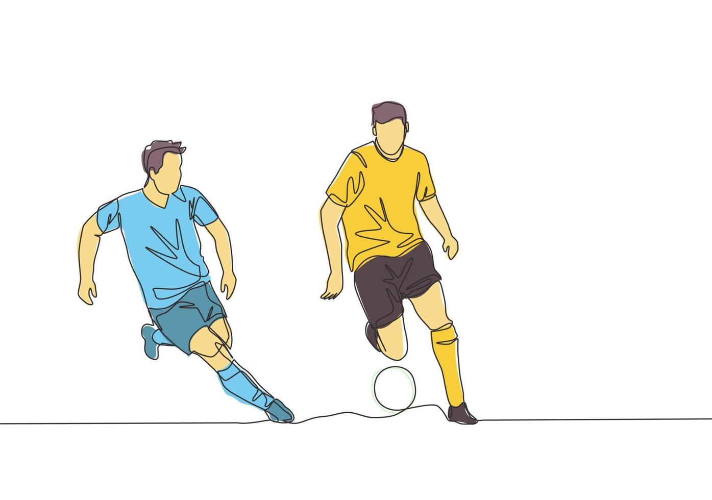 soltero continuo línea dibujo de joven energético fútbol americano jugador persiguiendo adversario jugador quien regateado el pelota paso a él. fútbol partido Deportes concepto. uno línea dibujar diseño vector ilustración