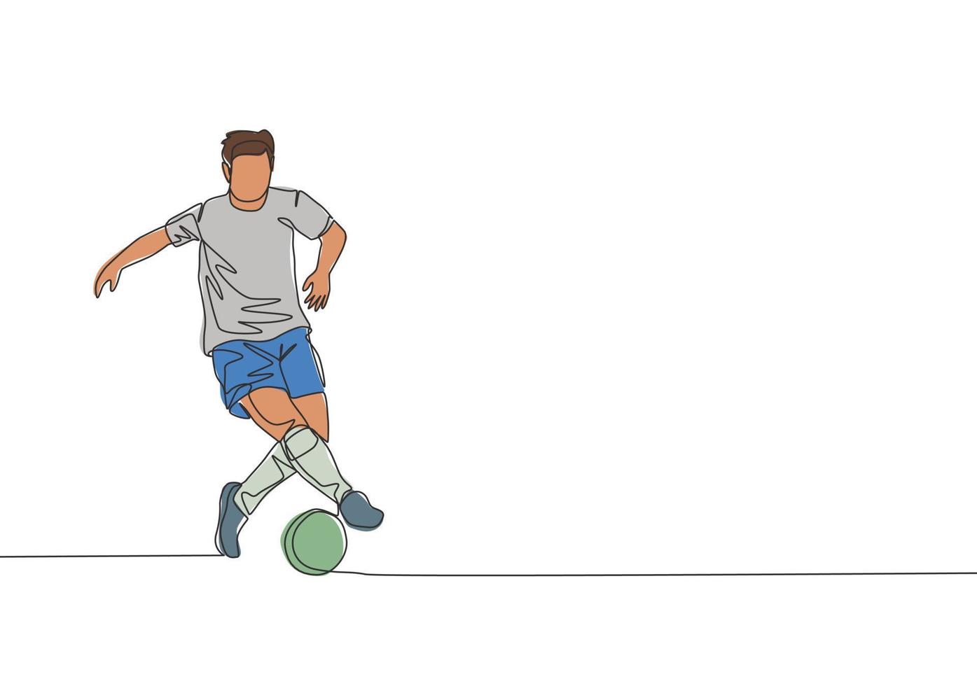 uno continuo línea dibujo de joven energético fútbol americano jugador controlador y regate el pelota a el juego. fútbol partido Deportes concepto. soltero línea dibujar diseño vector ilustración