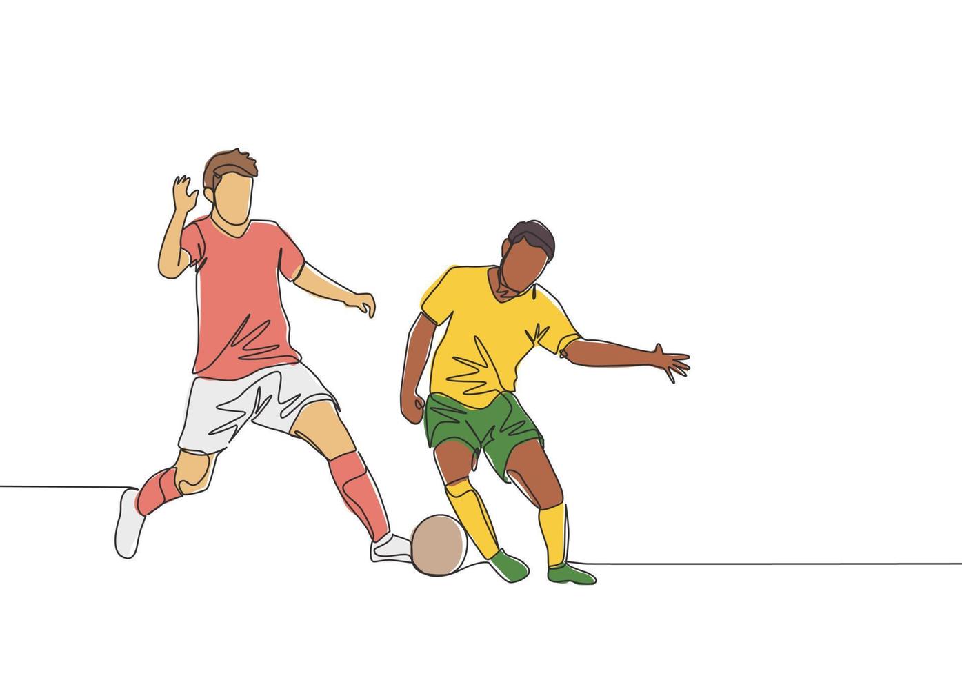 Single continuous line drawing of young energetic football player dribbling pass opponent player and running to the rival area. Soccer match sports concept. One line draw design vector illustration