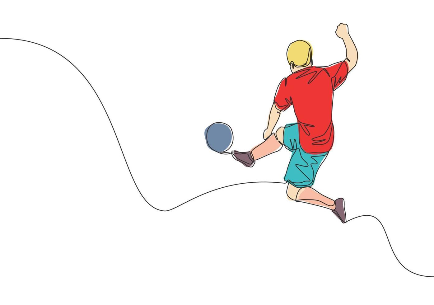 One continuous line drawing of young energetic football attacker kicking the ball really hard to the goal. Soccer match sports concept. Single line draw design vector illustration