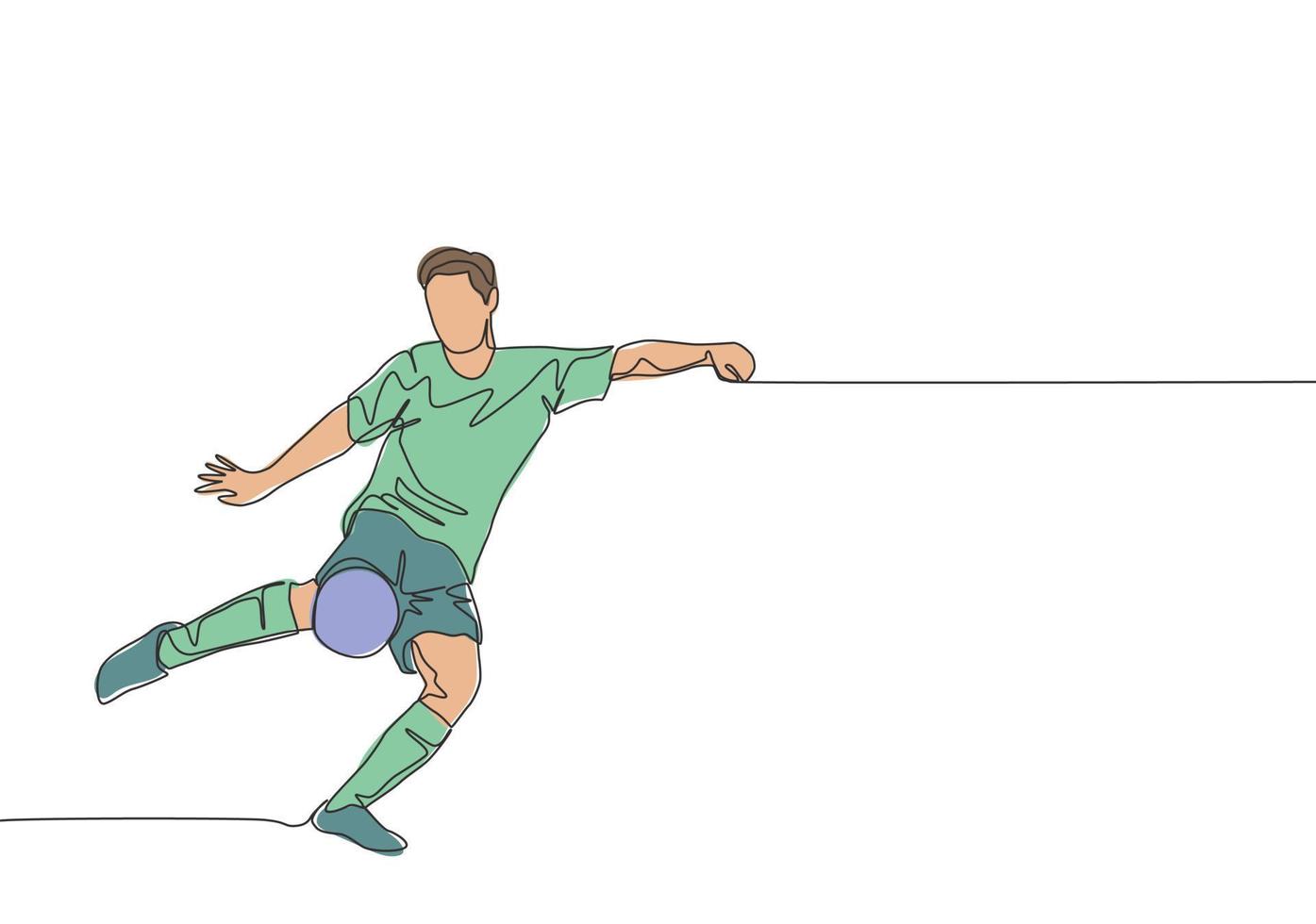 soltero continuo línea dibujo de joven energético fútbol americano huelguista disparo un primero hora patada técnica. fútbol partido Deportes concepto. uno línea dibujar diseño vector ilustración