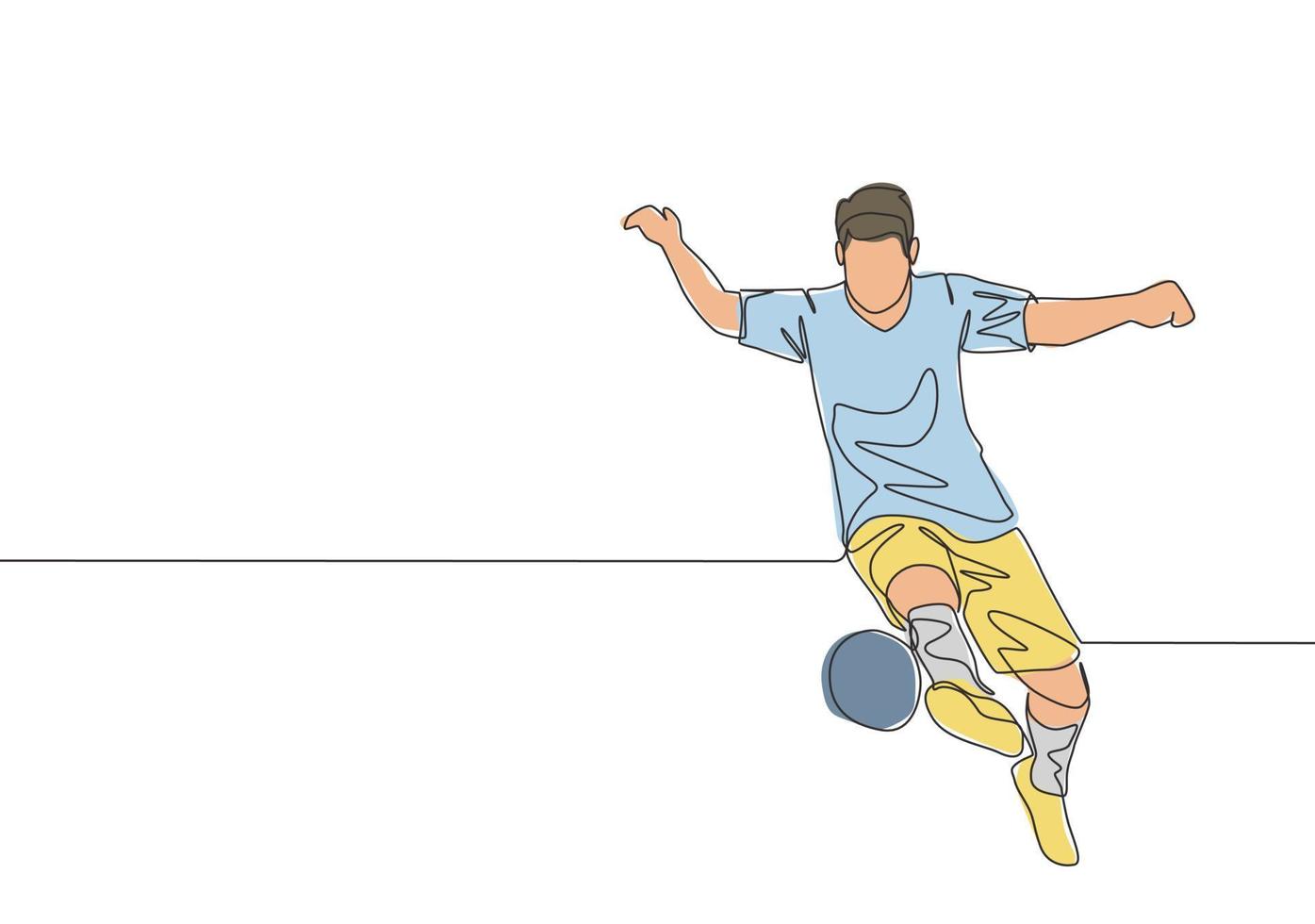 uno continuo línea dibujo de joven talentoso fútbol americano jugador controlador el pelota con su Derecha pie. fútbol partido Deportes concepto. soltero línea dibujar diseño vector ilustración