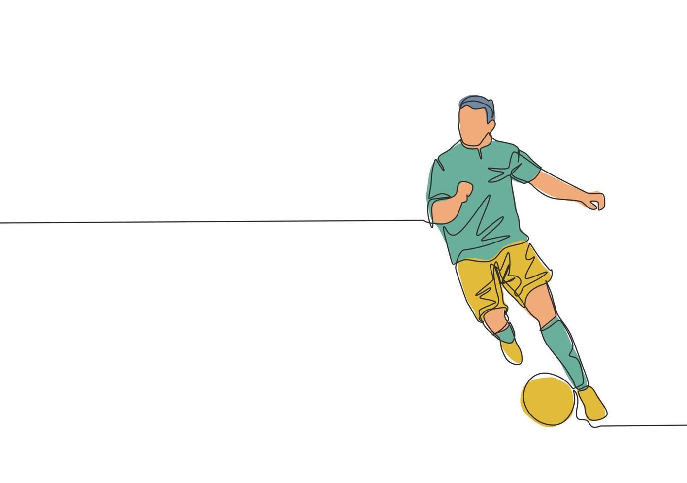 One single line drawing of young talented football midfielder dribbling a ball to the opponents area. Soccer match sports concept. Continuous line draw design vector illustration