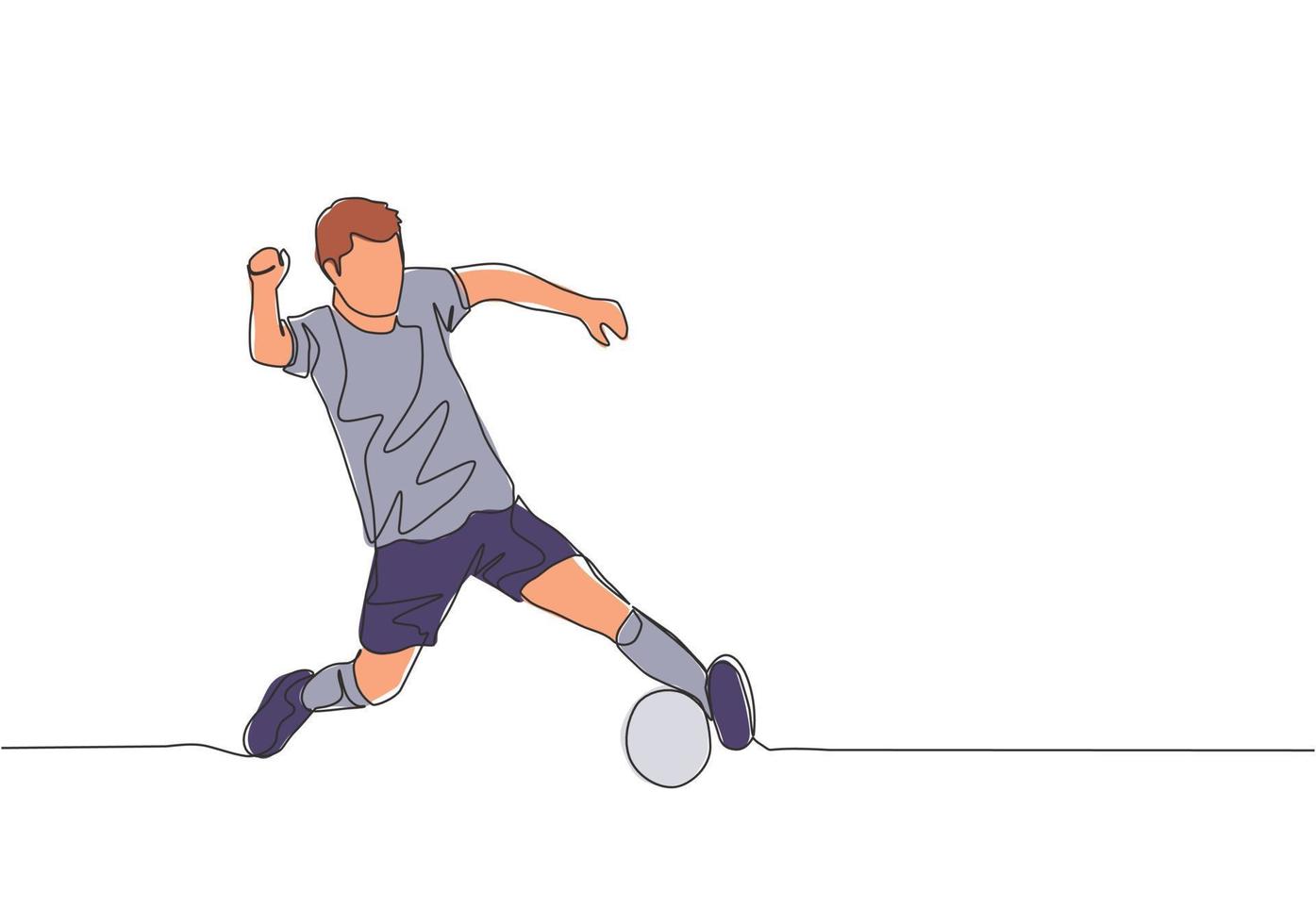 One single line drawing of young football player with short sleeve shirt training to control the ball. Soccer match sports concept. Continuous line draw design vector illustration