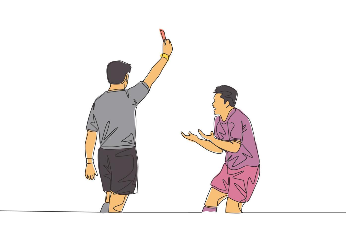 Single continuous line drawing of referee punished young football player a yellow card to his foul at the game. Soccer match sports concept. One line draw design vector illustration