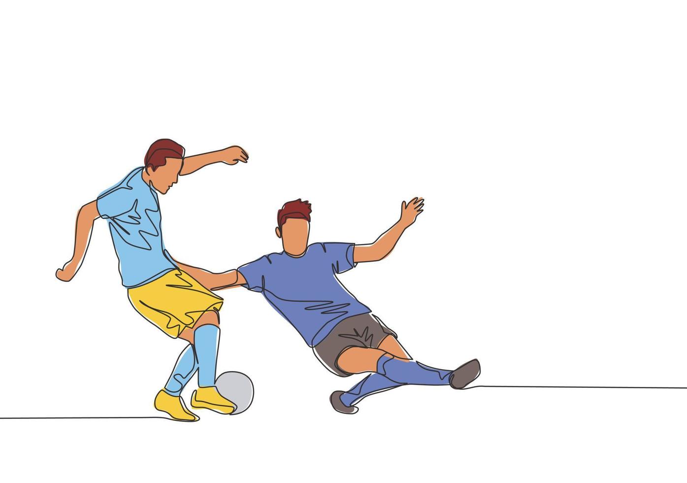 soltero continuo línea dibujo de joven energético fútbol americano jugador corredizo adversario jugador cuando él quiere a regate pasar a él. fútbol partido Deportes concepto. uno línea dibujar diseño vector ilustración