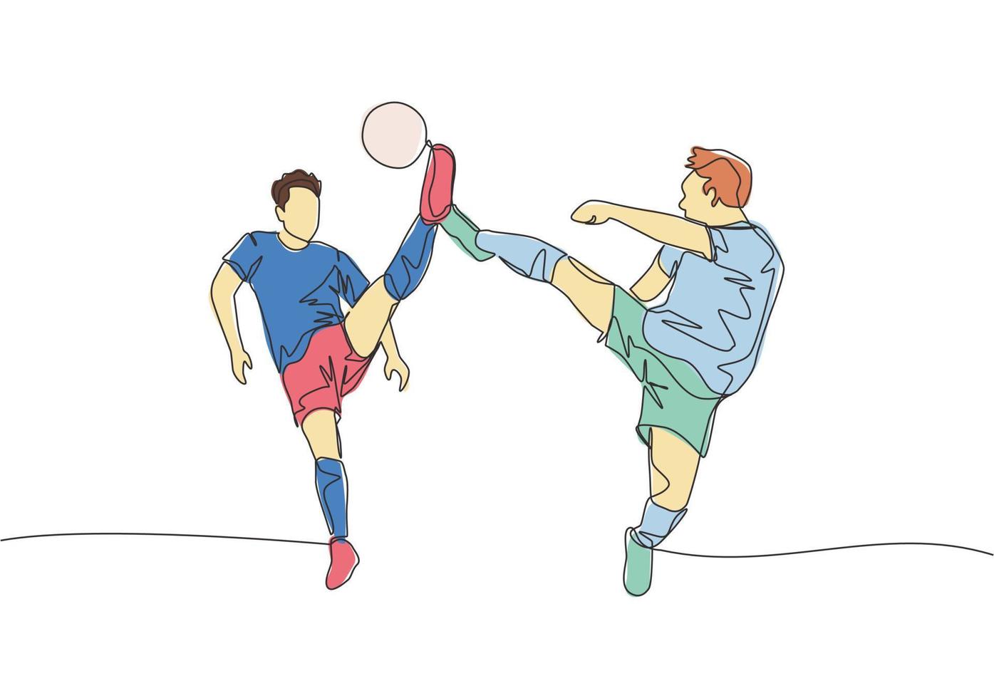 Single continuous line drawing of two young energetic opposite football players kick the ball together to get the ball. Soccer match sports concept. One line draw design vector illustration