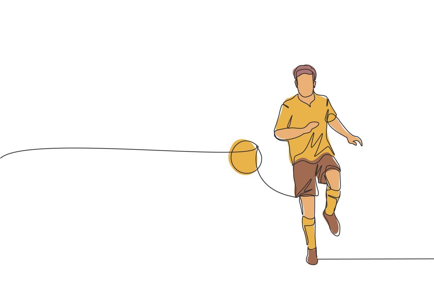 One single line drawing of young happy football player with short sleeve calmly controlling the ball passed to him. Soccer match sports concept. Continuous line draw design vector illustration