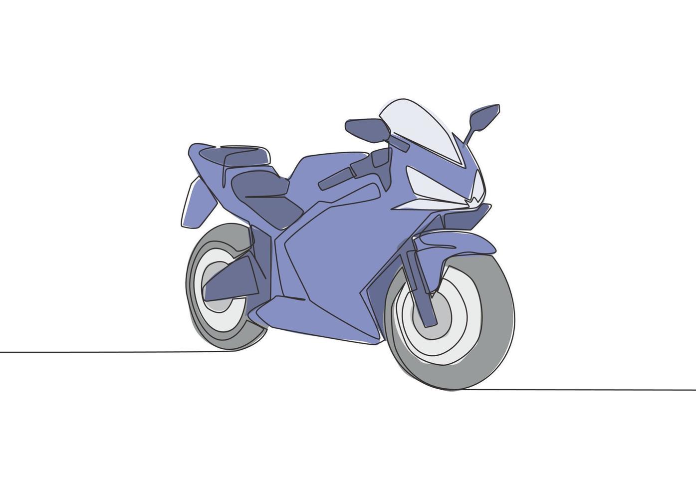 uno continuo línea dibujo de lujo deportivo moto para carreras logo. grande deporte motocicleta concepto. soltero línea dibujar diseño vector ilustración