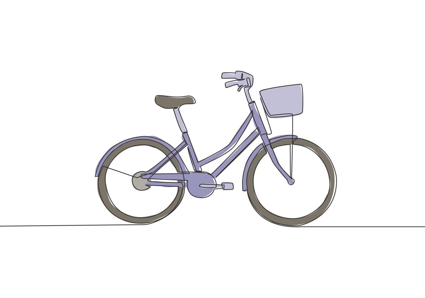 One single line drawing of girly classic roadster bicycle logo. Bike with basket at the front concept. Continuous line draw design vector illustration