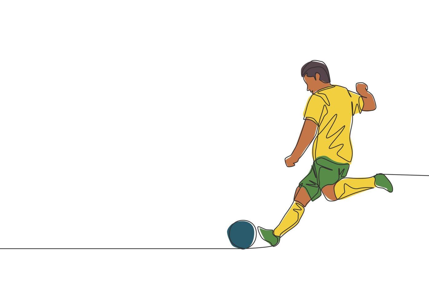 uno soltero línea dibujo de joven energético fútbol americano huelguista tomar un gratis patada disparar a el juego. fútbol partido Deportes concepto. continuo línea dibujar diseño vector ilustración