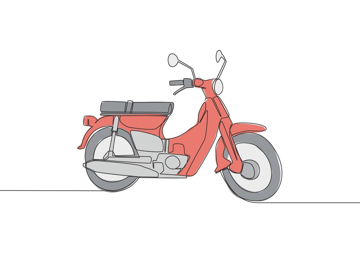 uno continuo línea dibujo de antiguo clásico asiático columna vertebral moto logo. Clásico motocicleta concepto. soltero línea dibujar diseño vector ilustración